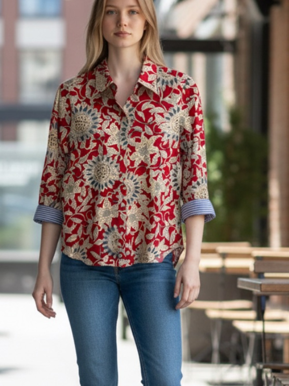 Chaps Red Floral Button-Down Shirt No Iron
